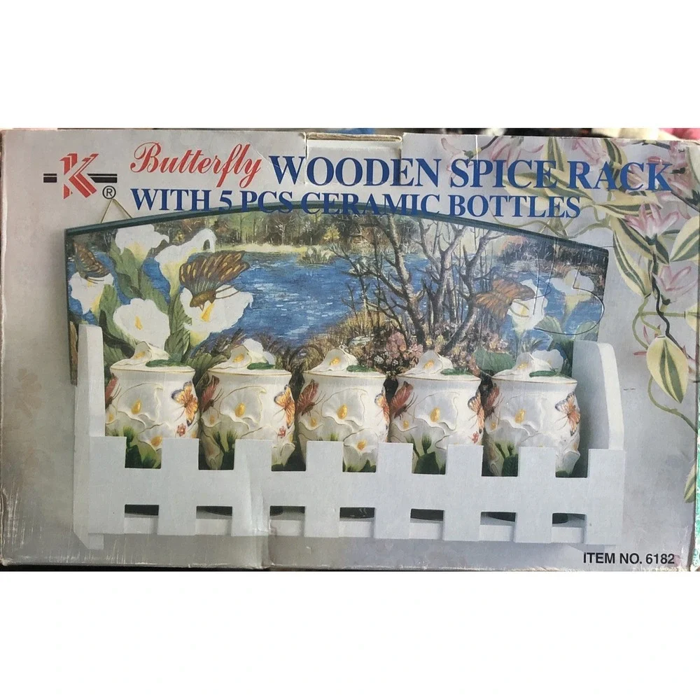 Vtg Butterfly Wooden Spice Rack 5 Jars For Spices 3-D Butterflies Calla Lily New